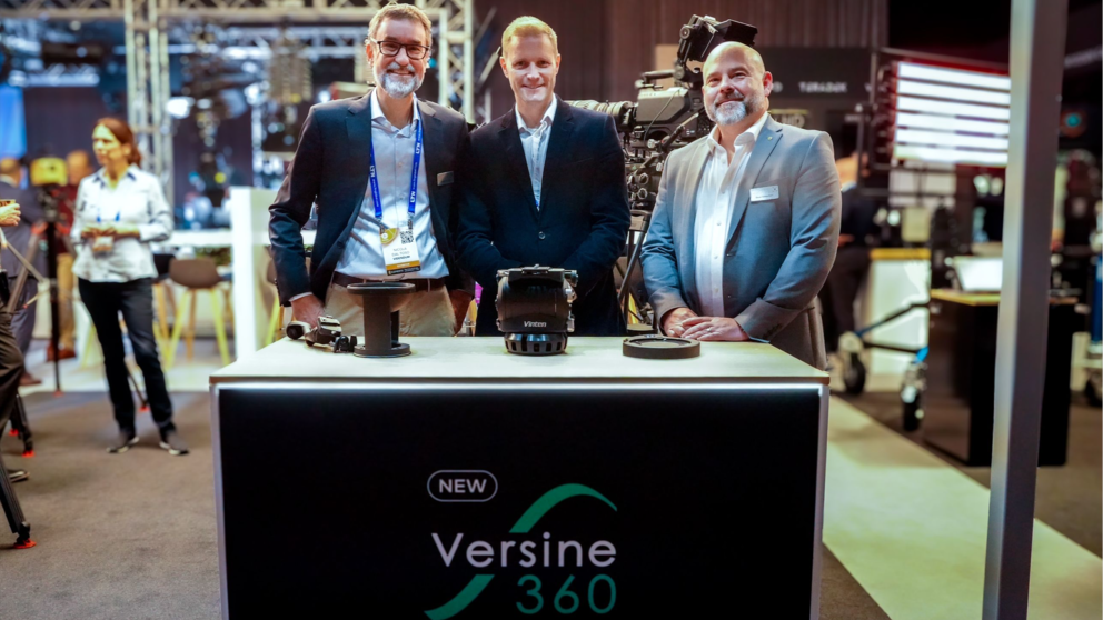 Celebrating the deal at IBC: Videndum’s Nicola Dal Toso, ES Broadcast CEO Edward Saunders and Vinten’s Dave Cheesman 